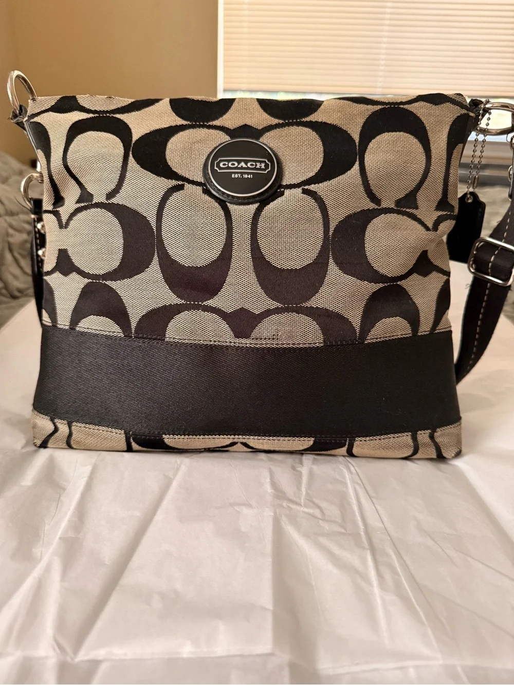 COACH Signature Canvas Shoulder/Crossbody File Bag in Tan/Black